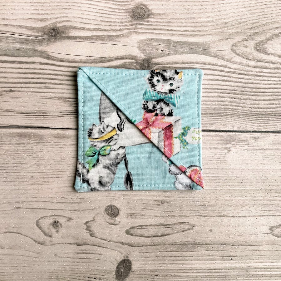 Cats and bunny rabbits themed cotton fabric corner bookmark. Book lovers gift. 