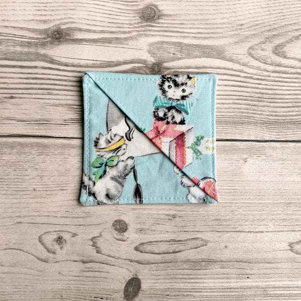 Cats and bunny rabbits themed cotton fabric corner bookmark. Book lovers gift. 