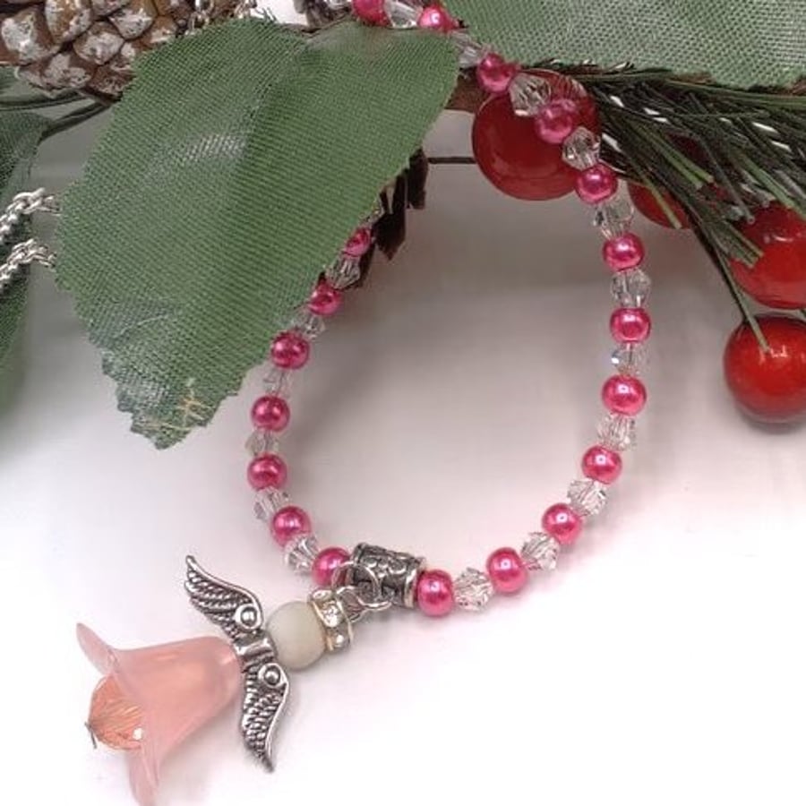 Christmas Angel Pendant on a Pearl Crystal and Chain Necklace, Stocking Filler