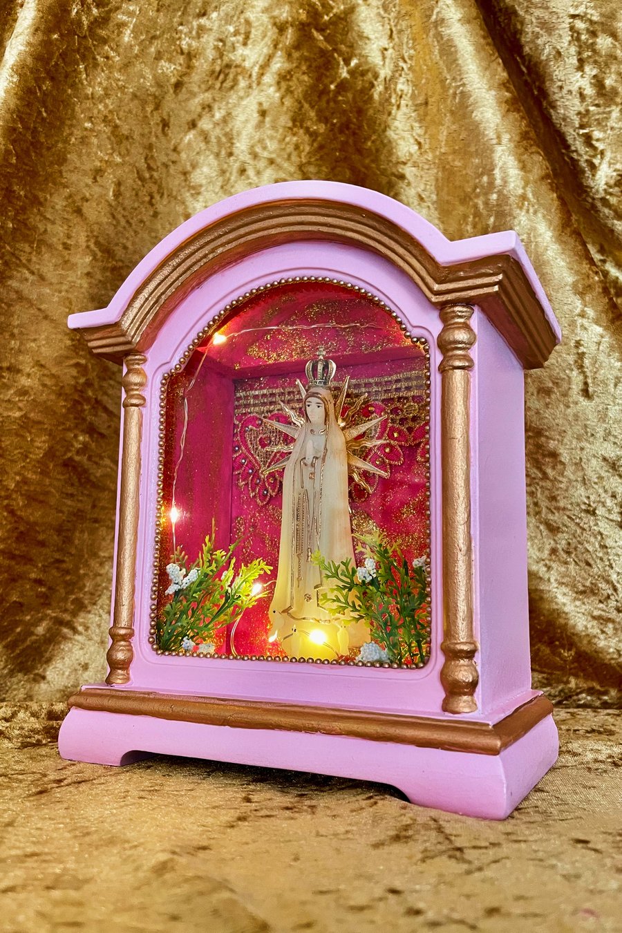 Pink Handmade Kitsch Virgin Mary Light Up Shrine