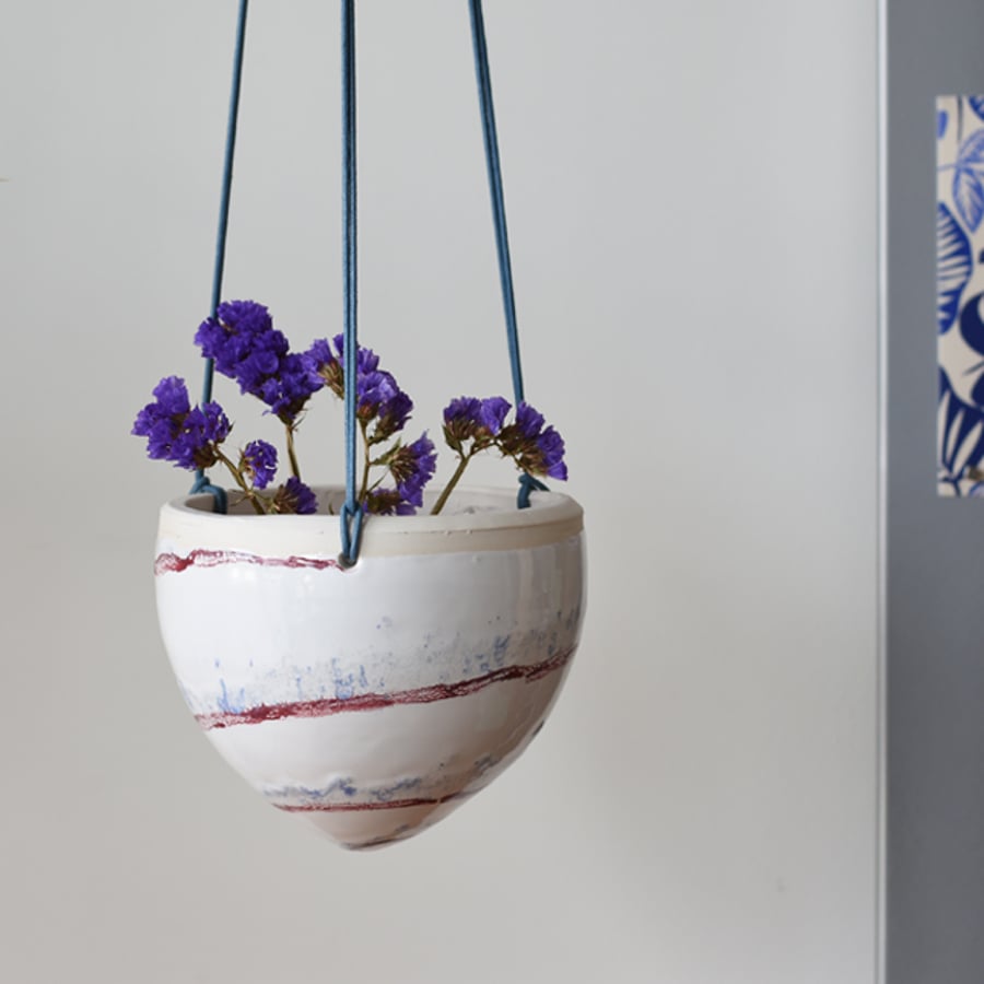 Ceramic hanging planter in white red and blue - handmade pottery