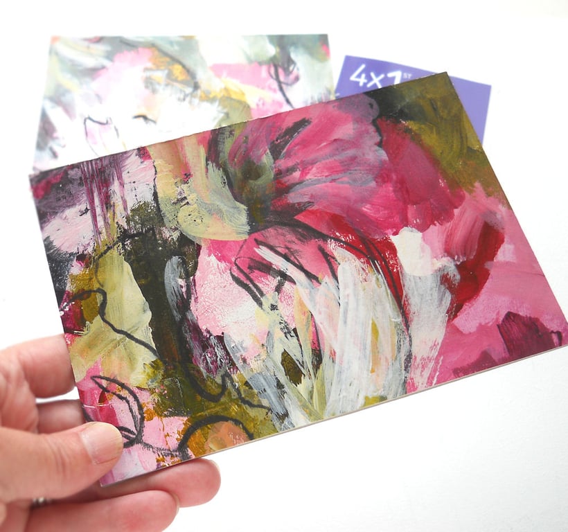 original abstract floral painting handmade postcard 