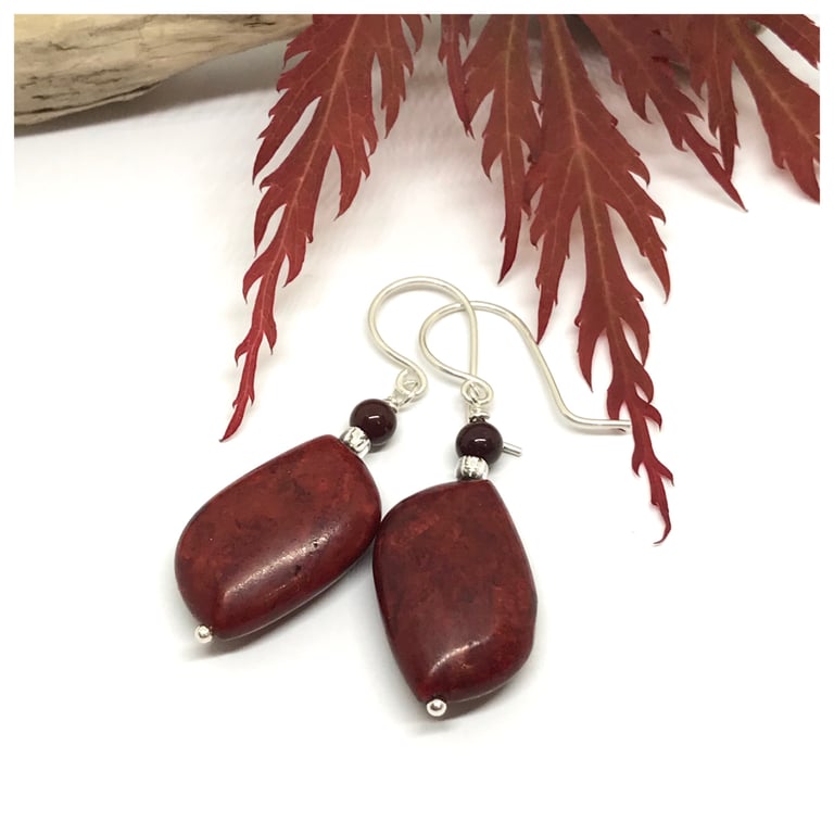 Red Jasper Earrings, Sterling Silver, Red, Brown Gemstone