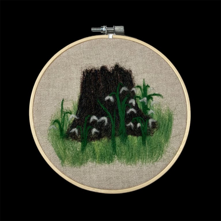 Snowdrops, felted picture on linen in 6" embroidery hoop