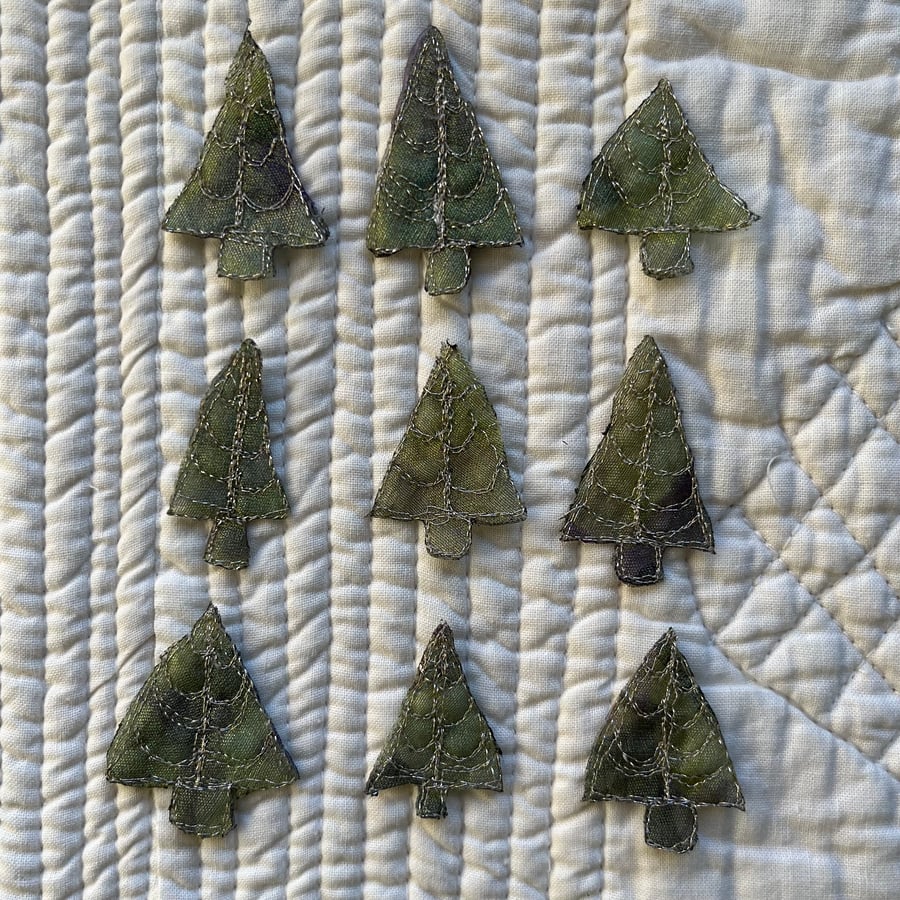 9 Free Motion Embroidered Green Organza Tree Embellishments Card Making 