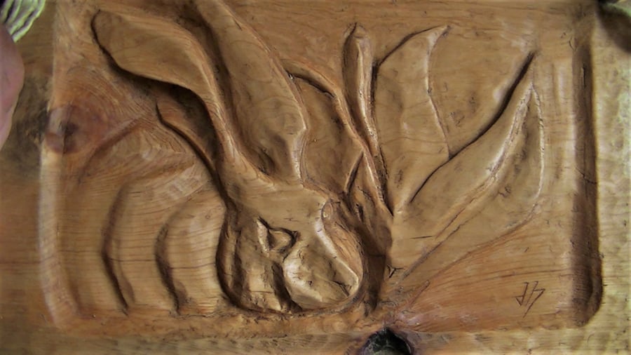 Cedar wood relief carving of a Hare