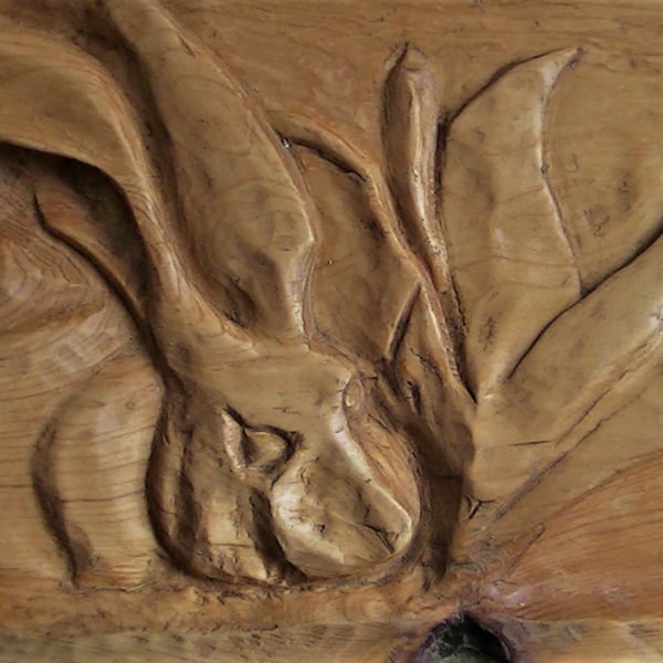 Cedar wood relief carving of a Hare