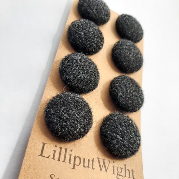Set of eight scrap bag buttons -charcoal grey wool fabric