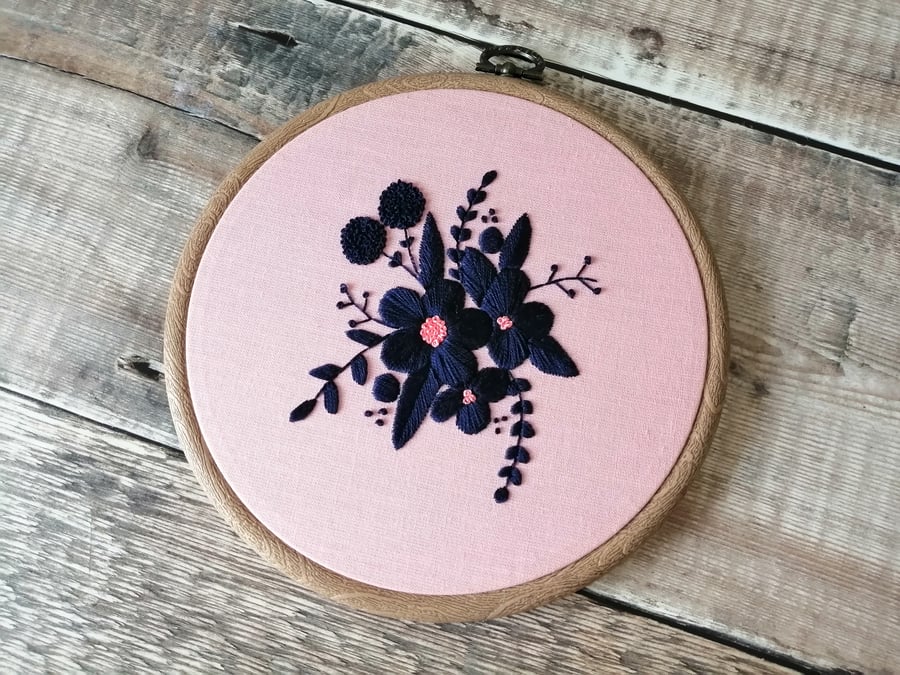 Navy and Pink Home Decor, Hand Embroidered Floral Wall Hanging 