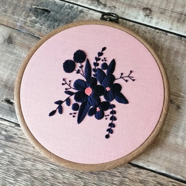 Navy and Pink Home Decor, Hand Embroidered Floral Wall Hanging 