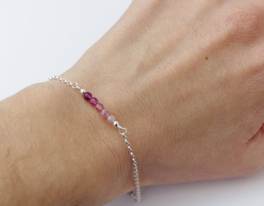 Pink tourmaline sterling silver bracelet, October birthstone gift