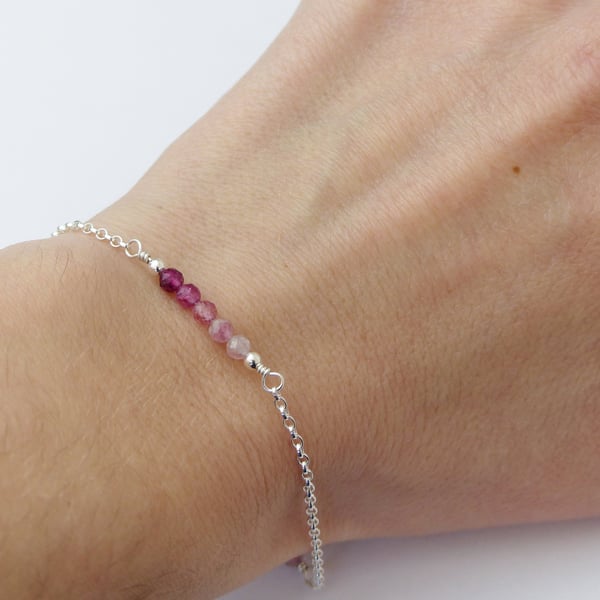 Pink tourmaline sterling silver bracelet, October birthstone gift