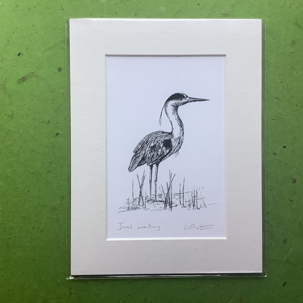 Just waiting... signed print of heron with mount