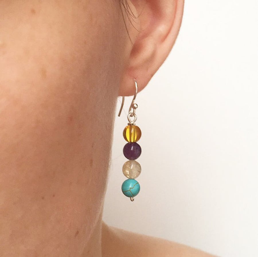 Multicoloured gemstone sterling silver earrings
