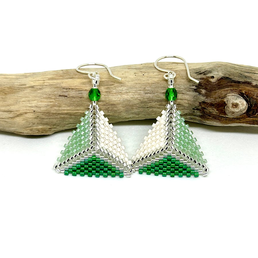 Green Beaded Triangle Earrings 