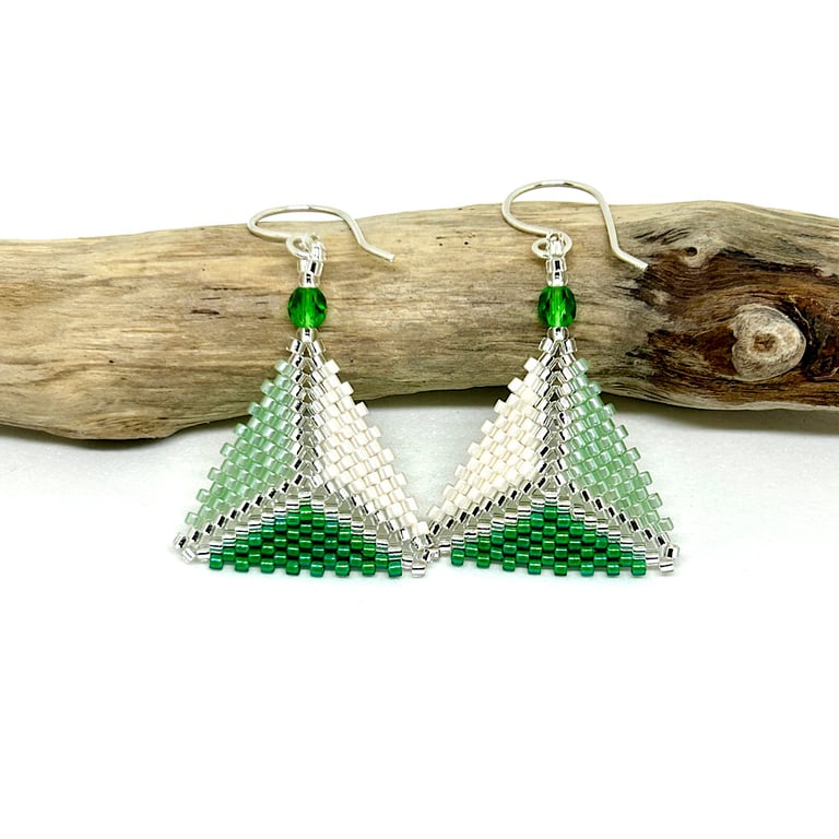 Green Beaded Triangle Earrings 