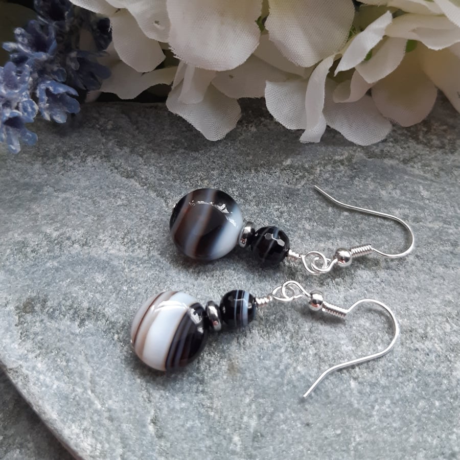 Black Banded Agate Drop Earrings Silver Plate