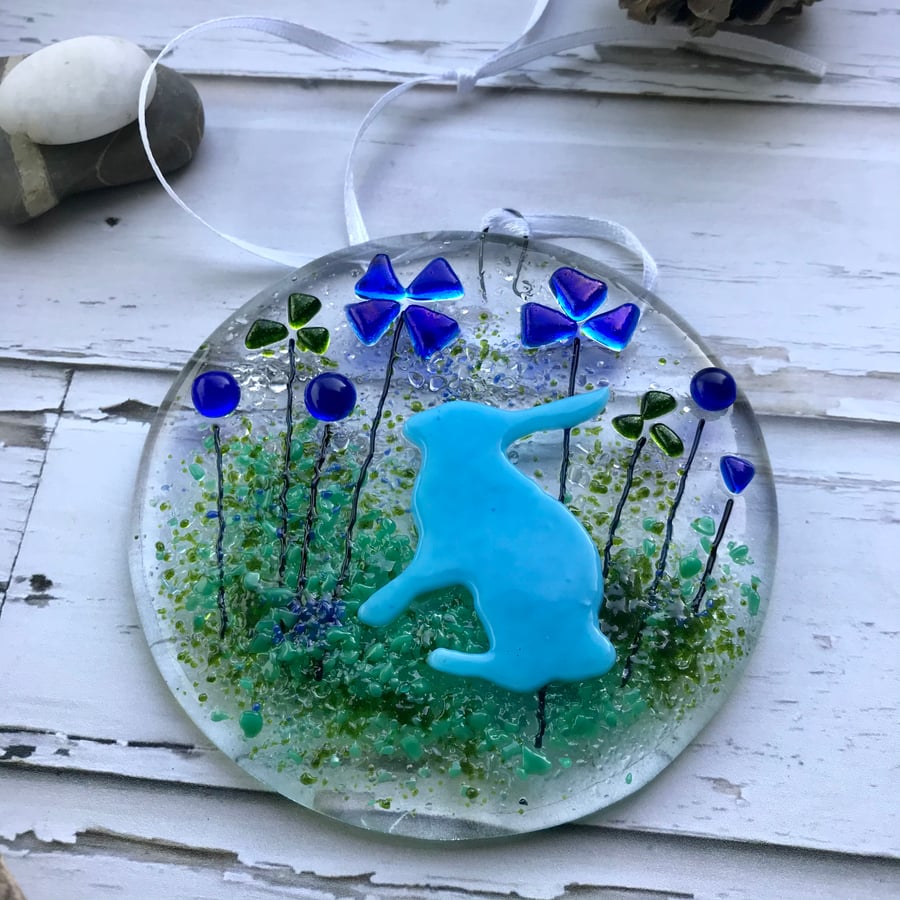 Fused glass hare suncatcher, nature lover gift, stocking filler