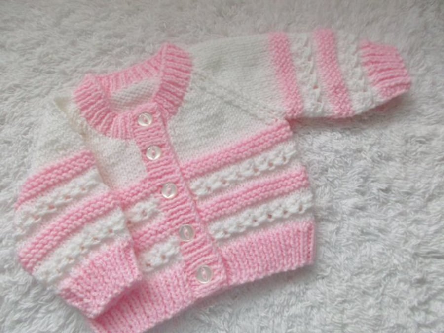 14" White & Pink Newborn Cardigan