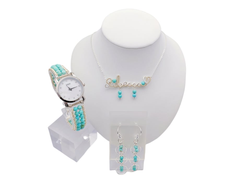 Turquoise Semi Precious Stone Bracelet Watch Beaded Bracelet Watch Name Necklace