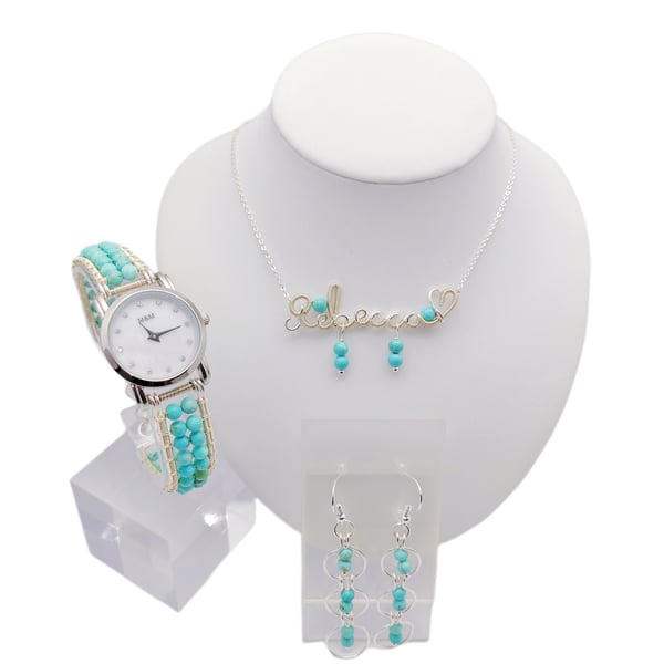 Turquoise Semi Precious Stone Bracelet Watch Beaded Bracelet Watch Name Necklace