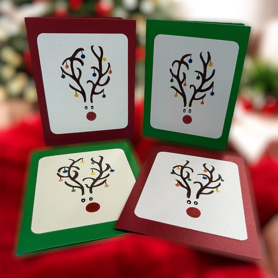 Packs of 4 handpainted Christmas cards,reindeers,Rudolph,Christmas tree baubles