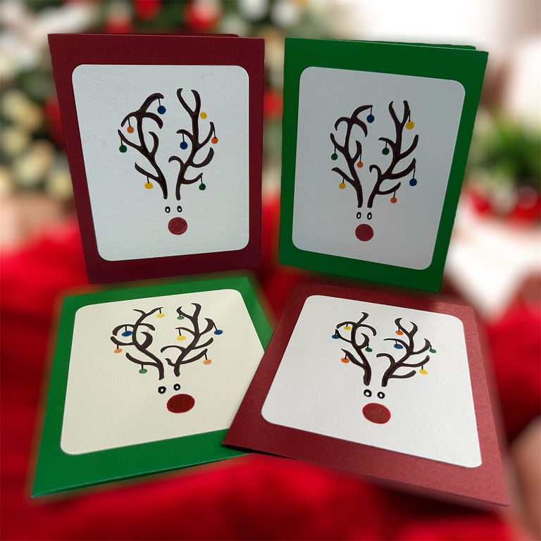 Packs of 4 handpainted Christmas cards,reindeers,Rudolph,Christmas tree baubles