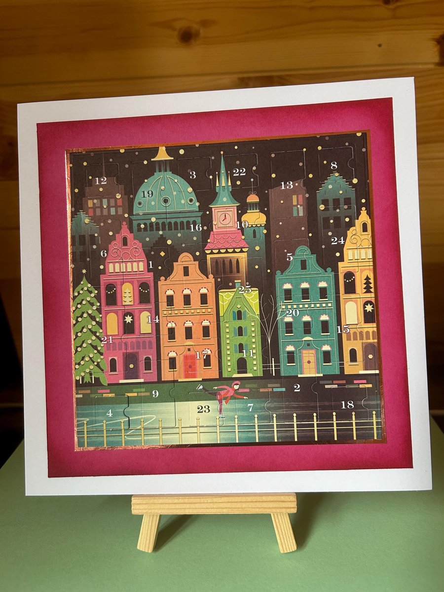Christmas city Advent Calendar Card Handmade 8x8 inch square card