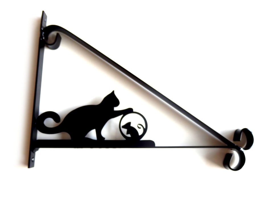 Cat Playing with Mouse Ball Silhouette Scroll Style Hanging Basket Bracket