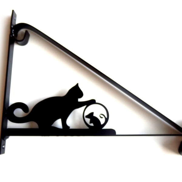 Cat Playing with Mouse Ball Silhouette Scroll Style Hanging Basket Bracket
