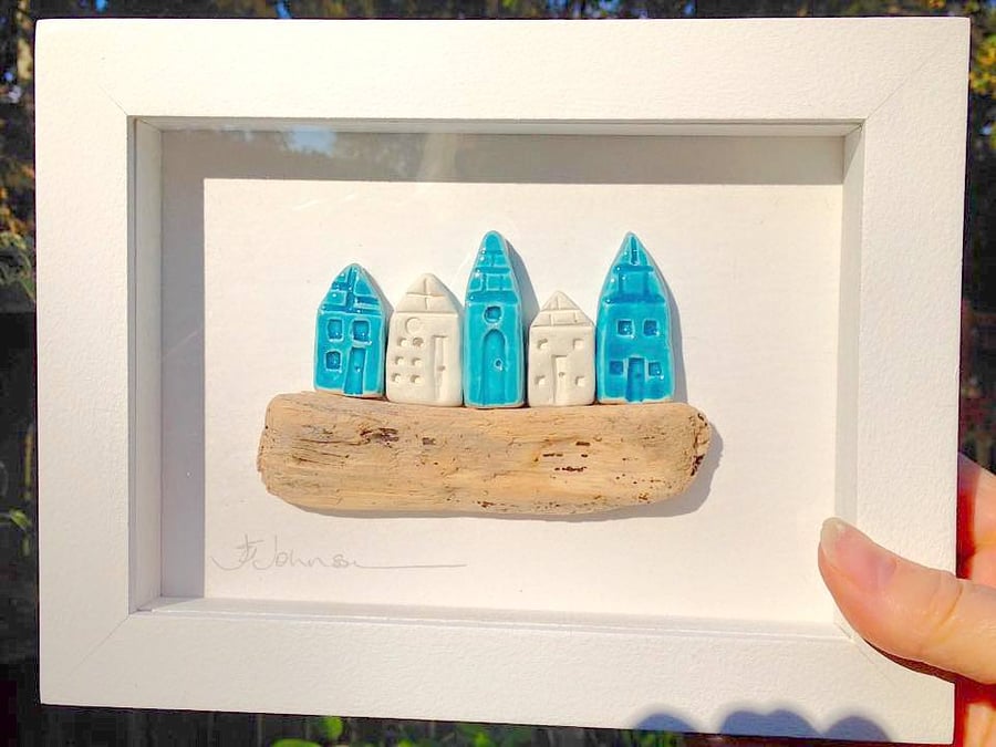 Higgledy Piggledy Houses - Ceramic houses with driftwood - white tulipwood frame