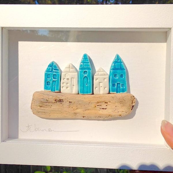 Higgledy Piggledy Houses - Ceramic houses with driftwood - white tulipwood frame