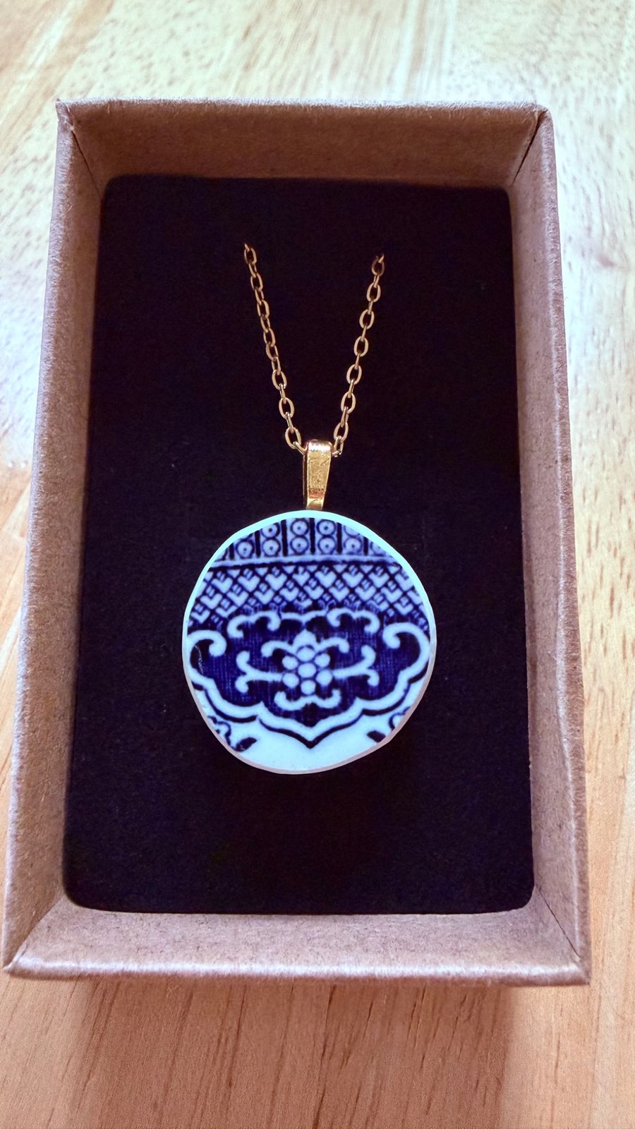 Upcycled bone china necklace blue willow pattern