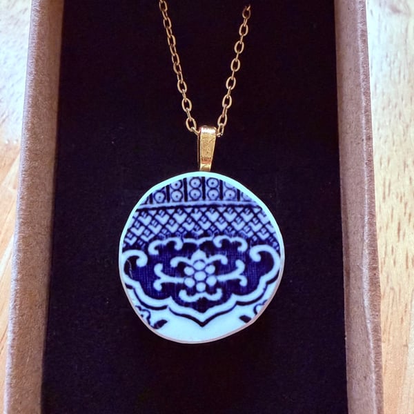 Upcycled bone china necklace blue willow pattern