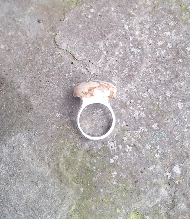 Statement silver ring with Fieldspar pebble from Baltic sea