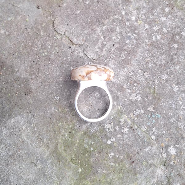 Statement silver ring with Fieldspar pebble from Baltic sea