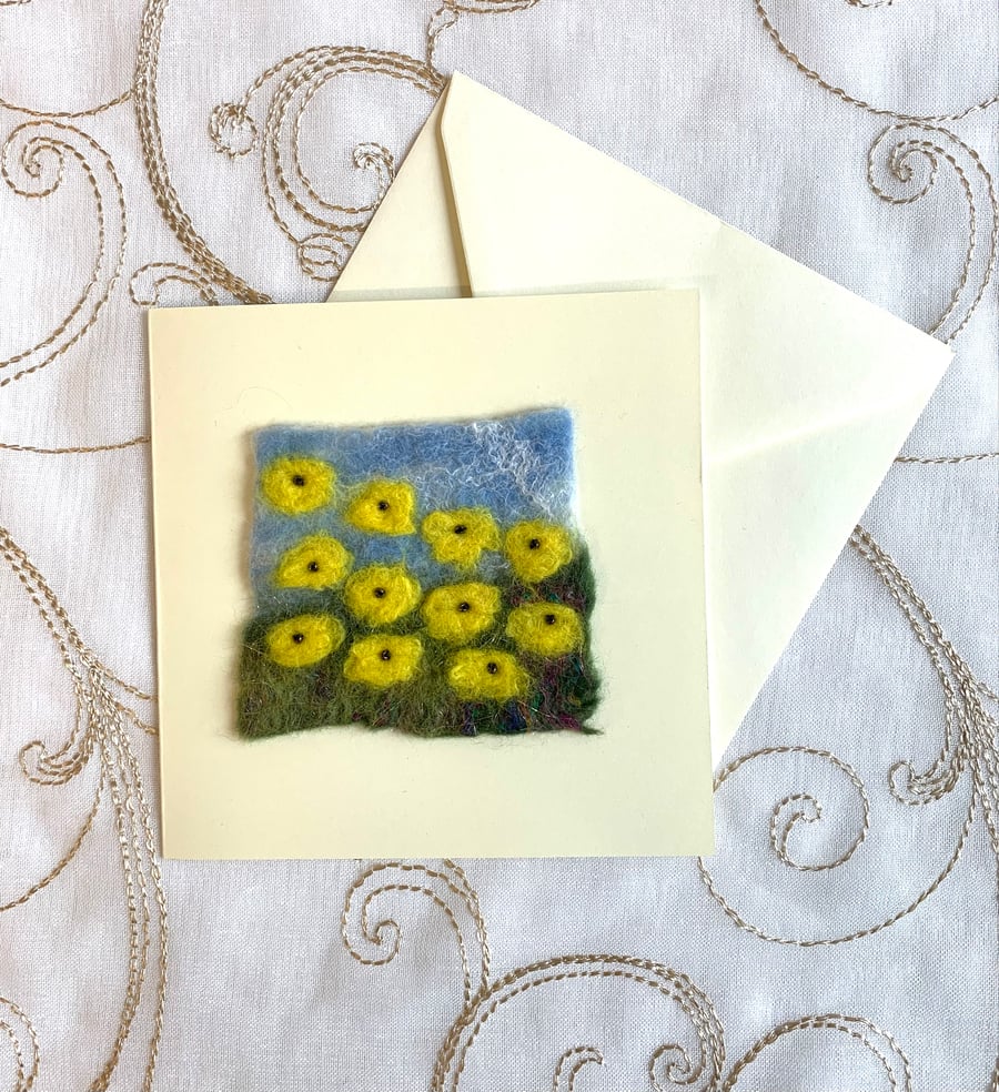 Handmade Felt Blank Card Yellow Flowers Daffodils