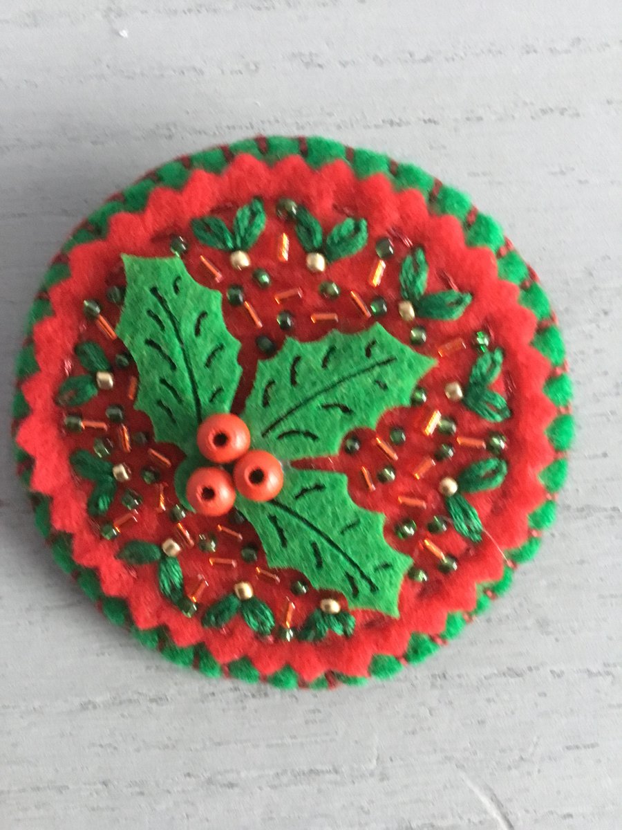Hand Embroidered Holly Brooch