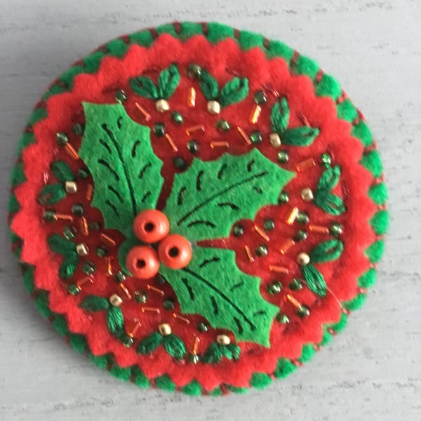 Hand Embroidered Holly Brooch