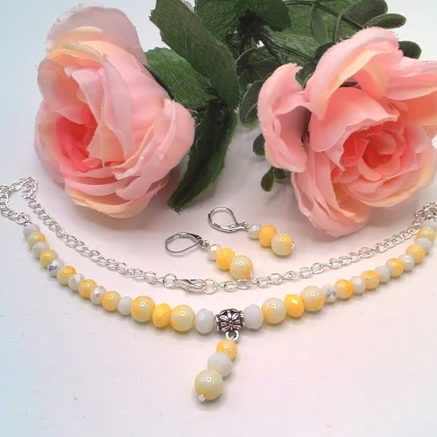 Yellow Glass Bead Necklace and Earrings, Gift Set, Yellow Necklace & Earrings