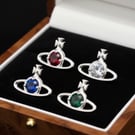 Sterling Silver Orb Stud Earrings, Dainty Saturn Planet Solitaire, 925 Silver 