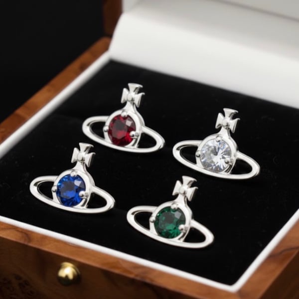 Sterling Silver Orb Stud Earrings, Dainty Saturn Planet Solitaire, 925 Silver 