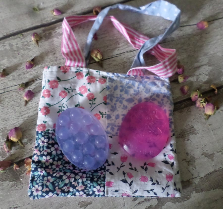 Set Of Two Natural Handcrafted  Soaps With Pretty Lined Cotton Bag