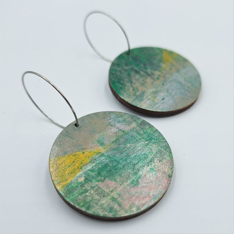 Muted silver, gold and green printed wooden disc earrings