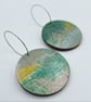 Muted silver, gold and green printed wooden disc earrings - Image 1