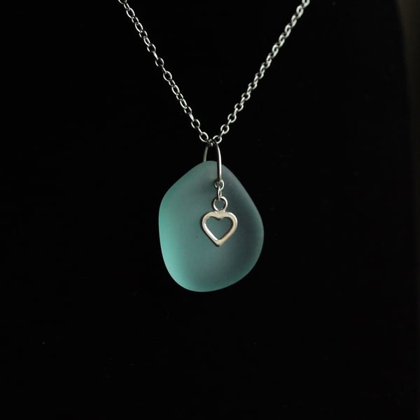 Aquamarine beach glass pendant with little silver heart