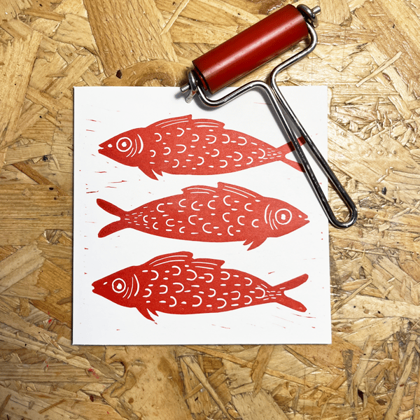 Handprinted Fish Lino print 13.5cm x 13.5cm Red and white greetings card