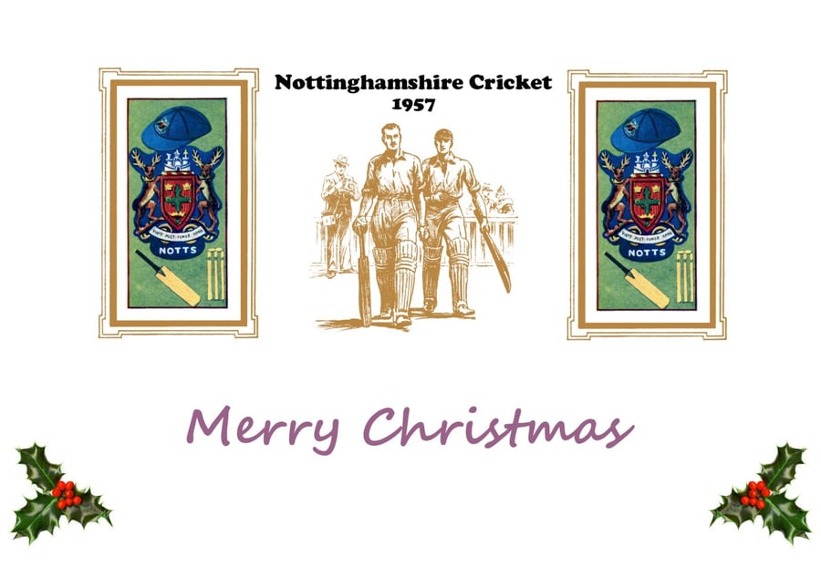 Christmas card cricket vintage 1957 Nottinghamshire badge design. FREE UK P&P