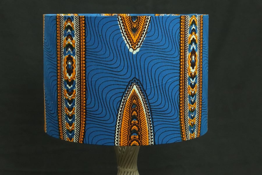 Blue and brown Rosettes african print inspired fabric drum 30cm lampshade, black