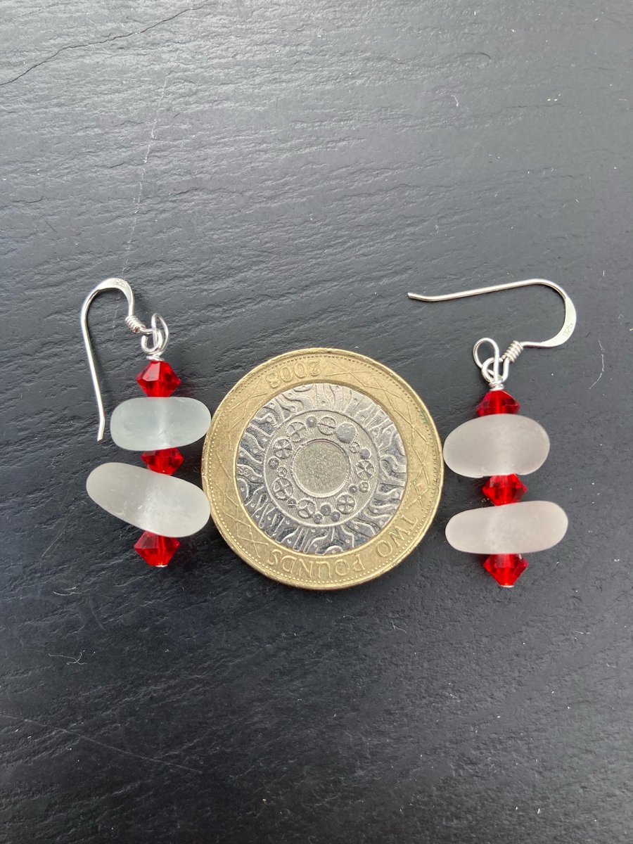 Sterling silver, seaglass & vintage red glass bead earrings